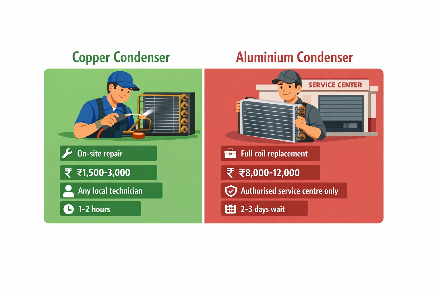 Copper condenser repair — on-site solder by any local technician for ₹1,500-3,000 in 1-2 hours vs aluminium condenser — full coil replacement at authorised service centre for ₹8,000-12,000 with 2-3 days wait
