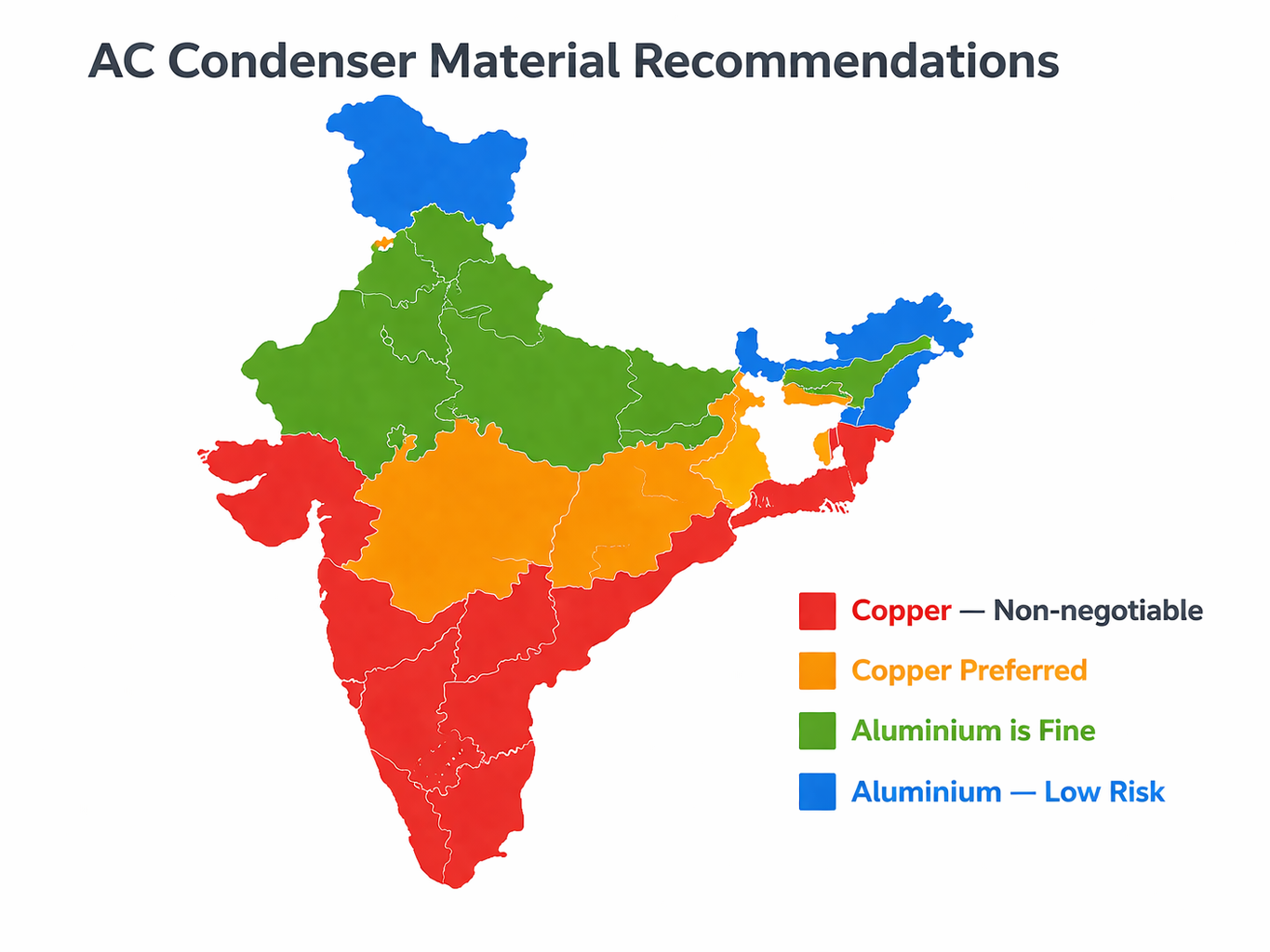 India map showing AC condenser material recommendations — coastal areas need copper (non-negotiable), humid inland prefers copper, dry inland aluminium is fine, hill stations low risk