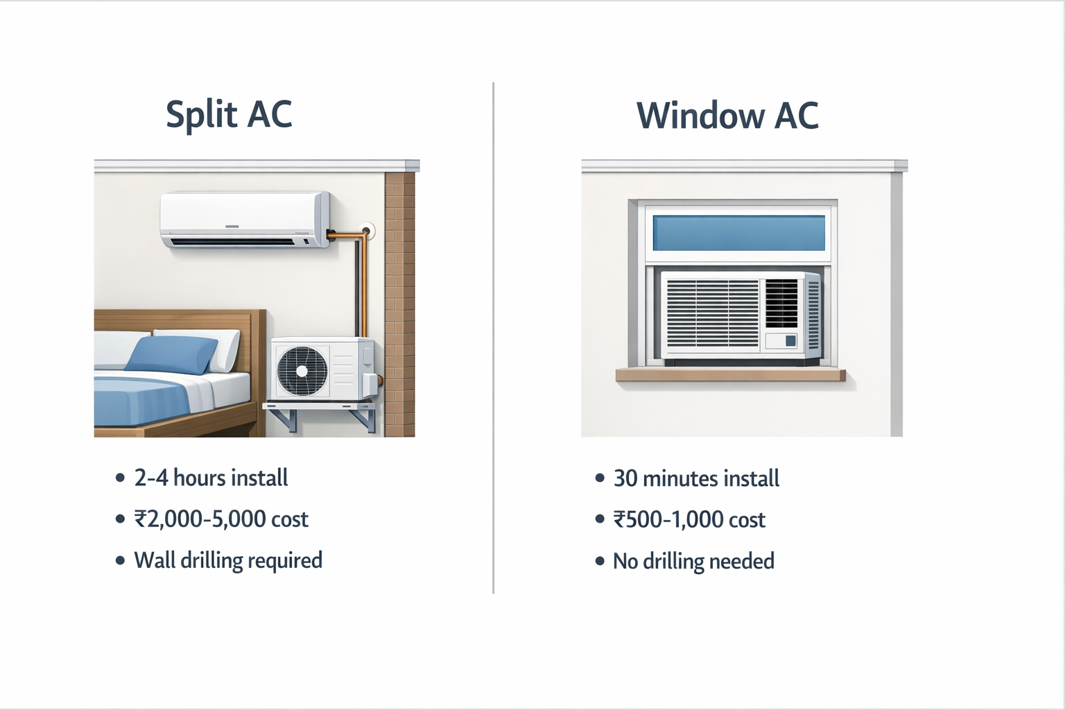 Split AC vs Window AC installation — split requires 2-4 hours, ₹2,000-5,000 cost, wall drilling; window takes 30 minutes, ₹500-1,000 cost, no drilling needed